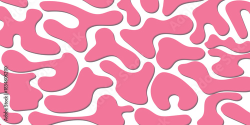 Seamless abstract pattern with organic pink blob shapes on a white background, featuring a subtle shadow effect and textured appearance.