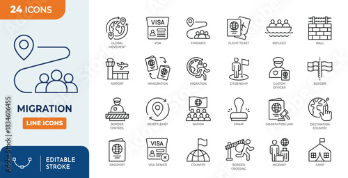 Migration icon set. Contain icons related to immigration, visa, border, migrant, country, passport, and more. Editable stroke. Vector illustration