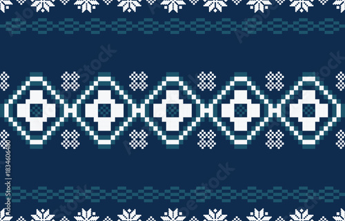 Christmas and New Year green and white seamless pattern, fairytale pixel pattern in white and green with Nordic snowflakes for winter hats, ugly sweaters, jumpers. wallpaper, paper or other design	