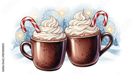 Hot Chocolate Couple Mugs with Whipped Cream and Candy Canes, Cozy Winter Scene Watercolor Illustration