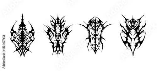 Neo tribal tattoo set, Celtic gothic cyber body ornament shapes kit, symetry tribal tattoo design vector illustrationn