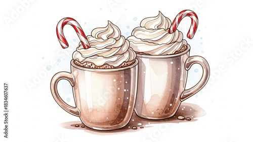 Beige Hot Chocolate Couple Mugs with Whipped Cream and Candy Canes, Cozy Winter Holiday Watercolor Illustration