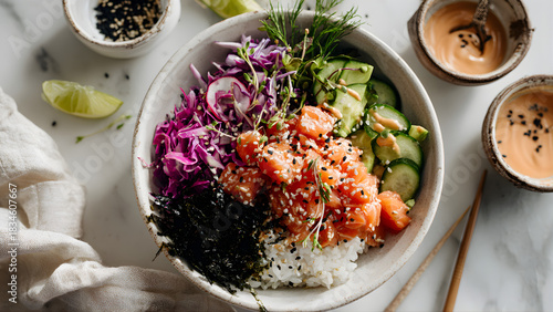 Top-down overhead view of a beautifully styled Spicy Salmon Maki Bowl on a white kitchen counter, vibrant colors from salmon, avocado, cucumber, cabbage slaw, rice, nori, sesame seeds, spicy mayo driz