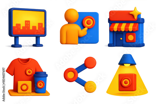 3D Brand Icon Set. 3D icon set of brand awareness and visibility: billboard glowing in city, avatar pointing at logo, branded