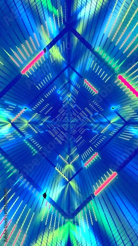 Colorful tunnel loop motion background passing through lines and shapes in blue and green colors