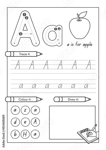 Alphabet writing practice sheets for kindergarten children