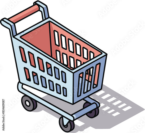 Cartoon illustration of an empty shopping cart with a handle and wheels casting a shadow