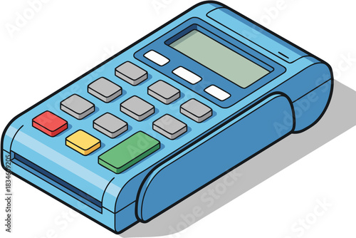 Isometric illustration of a blue credit card payment terminal