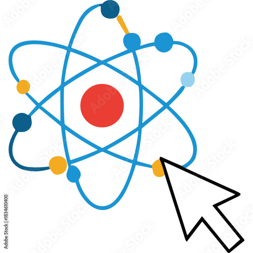 Abstract Atom Model With Orbiting Electrons and Cursor Pointer Overlapping a Red Nucleus On A White Background, Science Education Concept