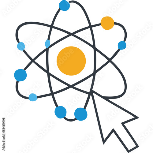 Abstract atom model with orbiting electrons and a cursor pointer indicating digital science and technology innovation in research and development