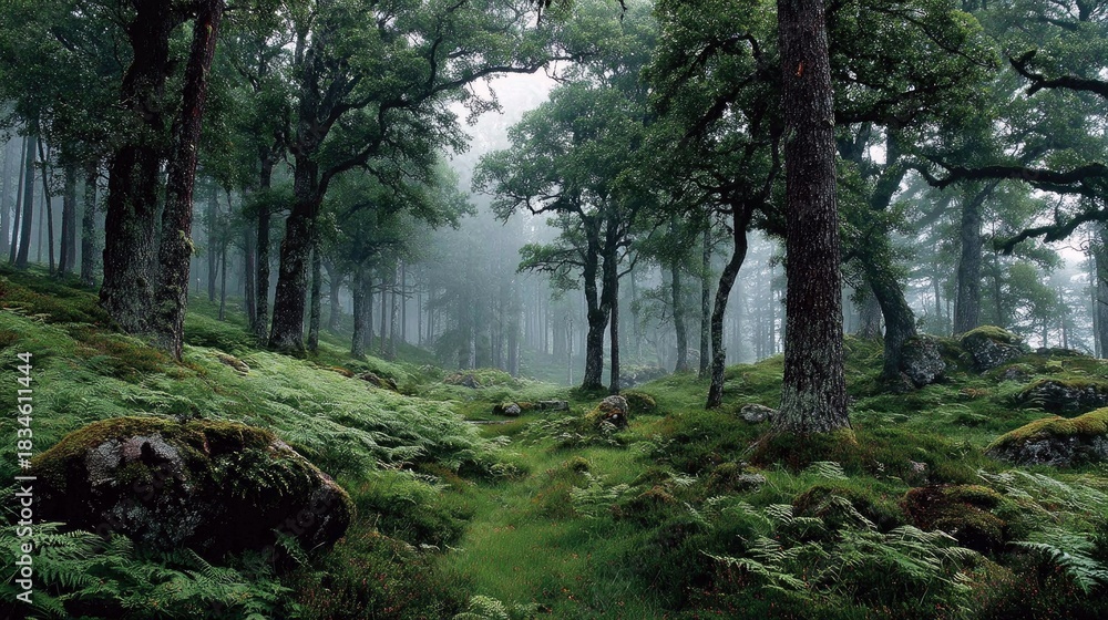 Fototapeta premium Forest Path Leading Through Lush Green Landscape