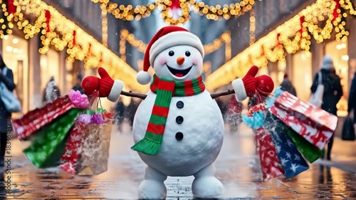 Joyful snowman character carrying shopping bags filled with presents on a festive city street with Christmas lights, a concept for holiday sales and winter promotions.