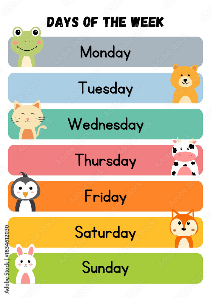 Fototapeta premium Days of the Week Poster Cute Colorful Illustrative Style 