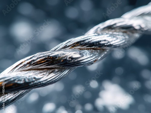 Close-up of a twisted metallic cable with intricate fibers in focus, displaying shiny silver tones. Background blurred with circular bokeh, enhancing the cable's detailed texture
