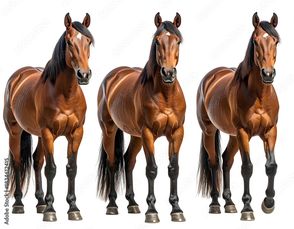 Obraz premium Three elegant bay horses with black manes and tails standing still