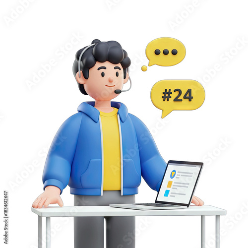 3D Male Customer Service Representative Wearing Headset and Blue Hoodie Working on Laptop with Speech Bubbles and Hashtag 24 Isolated on Transparent Background