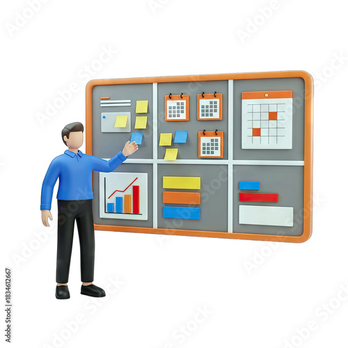 3D Male Presenter in Blue Shirt and Black Pants Gesturing Towards a Gray Bulletin Board with Calendars Charts Sticky Notes and Bar Graphs Displayed on a Transparent Background