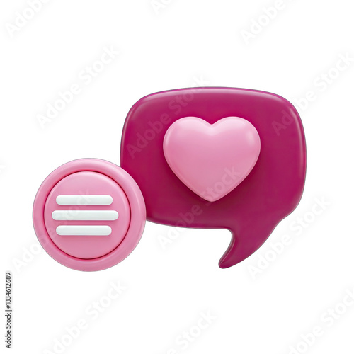 3D Pink Menu Icon With Heart And Speech Bubble Isolated On Transparent Background Symbolizing Communication And Affection In Digital Interface Design