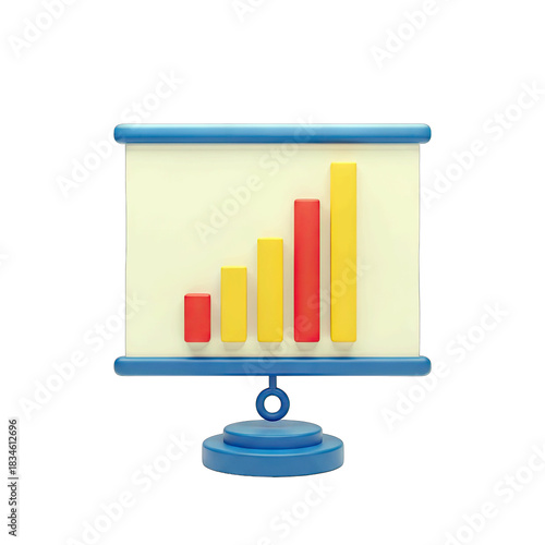 3D Presentation Board Displaying Rising Bar Chart with Red and Yellow Bars Isolated on a Transparent White Background Offering Growth and Success Visuals