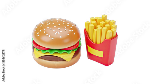 A Delicious Hamburger With Melted Cheese Lettuce Tomato And Sesame Seed Bun Next To A Red Carton Of French Fries On A Transparent Background Studio Lighting