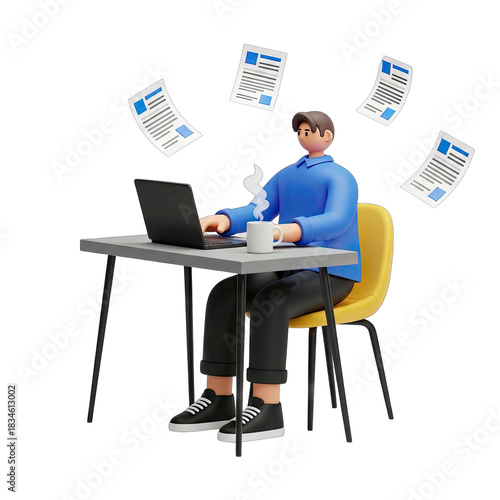 A Focused Man Working On Laptop With Documents And Coffee Indoors With A Transparent Background