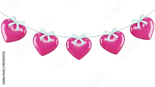 A Garland of Five Glossy Pink Heart Shapes with White Bows and a String on a Transparent Background