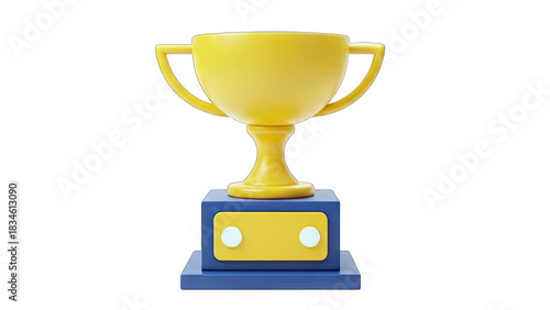 A Gleaming Golden Trophy Rests Upon A Vibrant Blue Base With Two Glowing Orbs Presenting A Symbol Of Achievement And Victory Against A Clean Isolated White Background