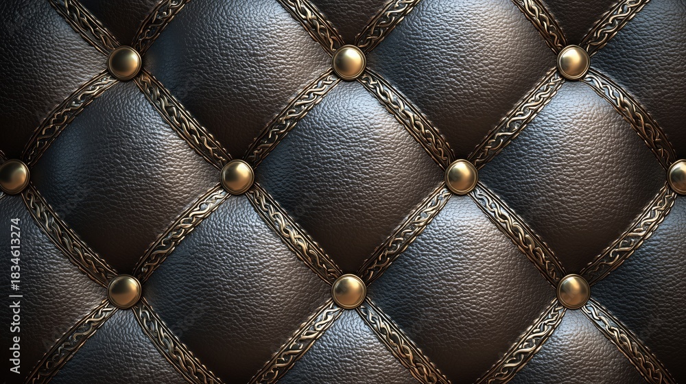 Naklejka premium Elegant black leather texture with decorative gold buttons and intricate pattern for stylish designs