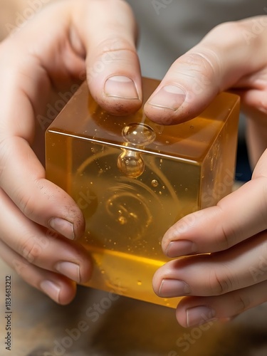 Intricate clockwork encased within a modern transparent cube grasped gently