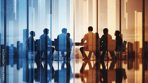 A diverse group of professionals engaged in a strategic business meeting, silhouetted against a modern two-toned backdrop, reflecting teamwork, collaboration, and corporate communication.