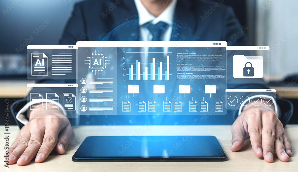 Fototapeta premium A business professional uses advanced AI technology visuals to analyze data in a modern office environment, illustrating innovation and digital strategies for growth. Gantry