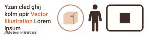 E-commerce, shipping, logistics, package delivery, inventory management, business operations. Box, human figure and scanning symbol. E-commerce and shipping concept visually