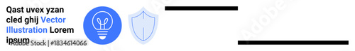 Innovation, security, knowledge, protection, creative ideas, technology. A blue lightbulb icon and a shield icon on a white background. Innovation and security concept imagery