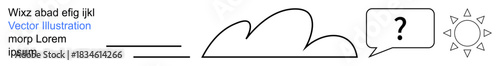 Weather prediction, decision-making, uncertainty, communication, cloud dynamics, information flow. Minimalist design of a cloud, sun and speech bubble with question mark. Weather prediction