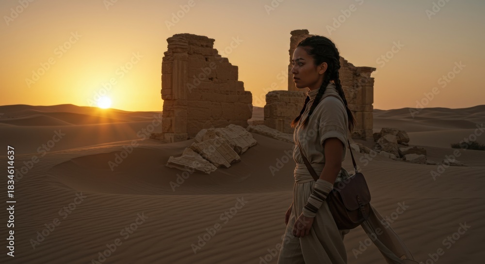 Fototapeta premium A young woman walks through the desert at sunset near ancient stone structures