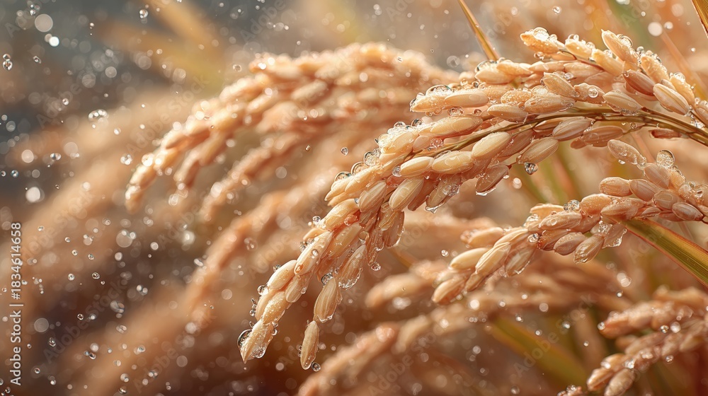 Obraz premium Close-Up of Golden Rice Grains with Water Droplets in a Soft Natural Environment
