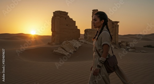 A young woman walks through the desert at sunset near ancient stone structures