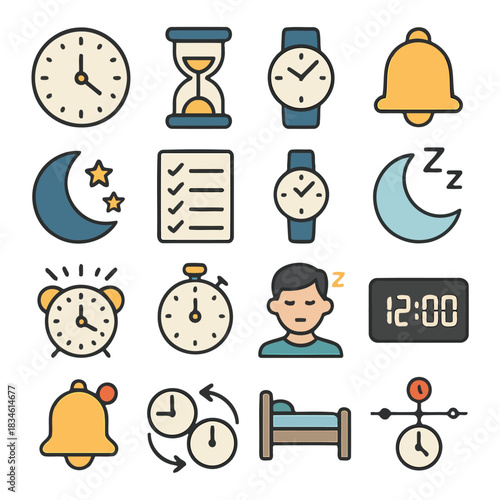 Time Management Icons: A collection of meticulously crafted icons to illustrate various aspects of time. Including a clock, watch, timer, hourglass, alarm, and a bed.