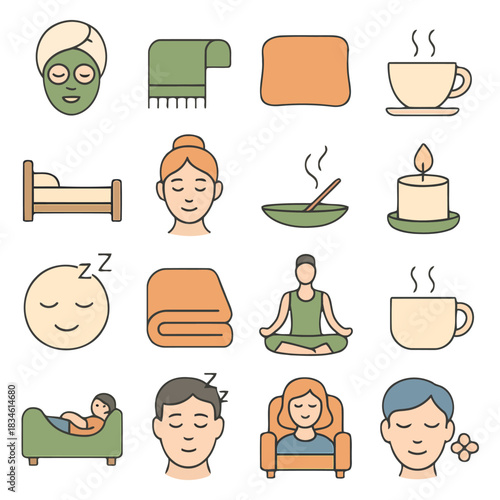 Serene Wellness Icons: A set of beautifully designed icons, each representing elements of relaxation and wellness, including a spa facial, meditation, cozy sleep, and aromatic candle.