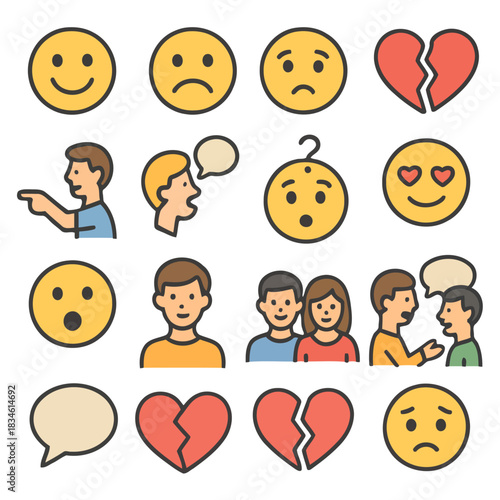 Emotional Spectrum: a diverse array of feelings and expressions, depicted through a collection of simple yet evocative emoticons and human figures