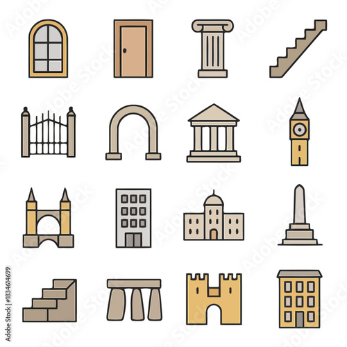 Architectural Icon Collection: A collection of architectural icons, featuring diverse elements such as window, door, pillar, stair and other key elements.