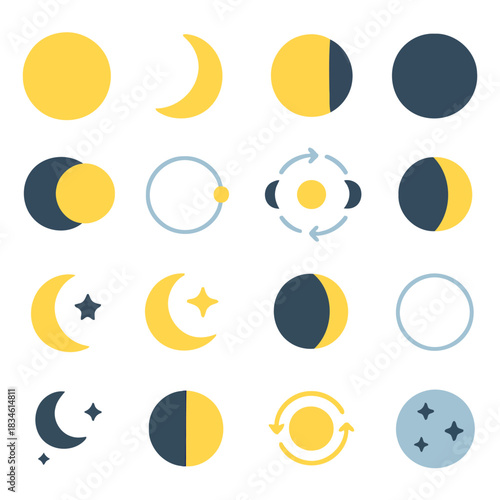 Celestial Cycle: The phases of the moon are depicted in a vibrant illustration, with a celestial dance of the sun and stars. showcasing the beauty and complexity of space.