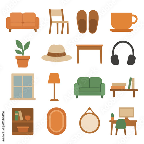 Cozy Home Elements: A curated collection of inviting household items, including a comfortable sofa, elegant chair, slippers, a teacup, and vibrant plants, forming a warm and inviting living space. 