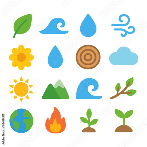 Elemental Harmony: A vibrant graphic showcases the beauty of the elements, each with unique icons of nature including, a radiant sun, a gentle breeze, flowing water, a verdant leaf, and more.