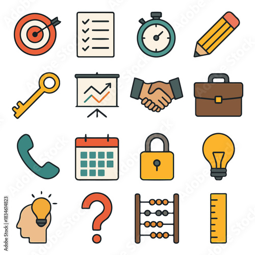 Set of Business Icons: An array of colorful business icons, embodying core concepts such as goals, time, creativity, collaboration, and solutions.