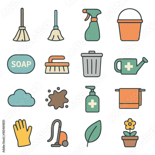 Cleaning Icons: A collection of various cleaning tools and items. This image shows several singular cleaning icons.