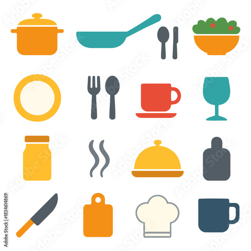 Culinary Essentials: A colorful collection of essential kitchen tools and dishware, ideal for culinary projects, capturing the simplicity and versatility of cooking.