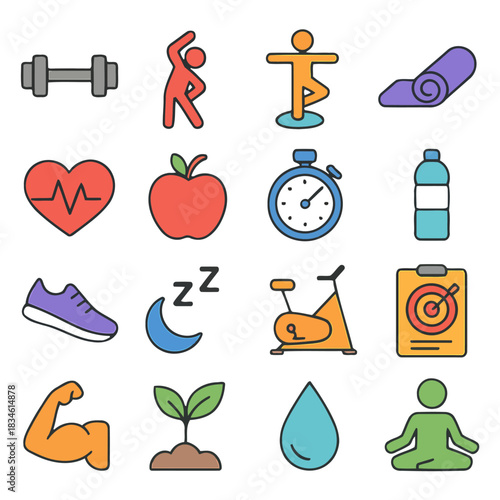 Wellness Icons: A collection of health and wellness icons, including fitness equipment, healthy food, and mindful activities, depicting holistic approach to physical and mental well-being