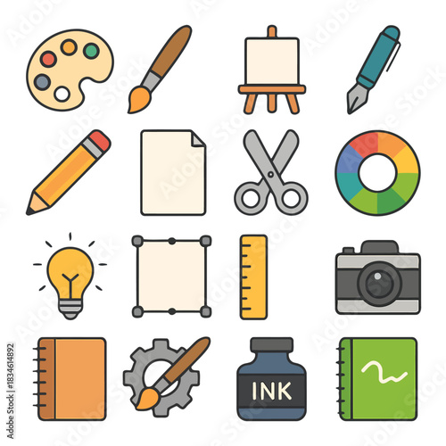 Creative Tools at Hand: A captivating collection of essential creative tools, ready to bring imagination to life. From paintbrush to notepad.