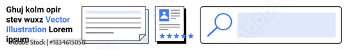 Online reviews, search optimization, digital content, profile identity, web functionality, feedback management. Set of icons showing text blocks, profile card with stars and a search bar. Online